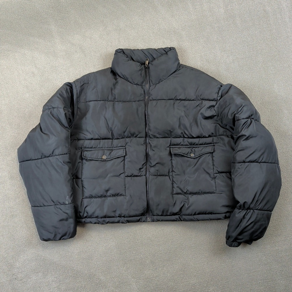 Wednesday's Girl Puffer Jacket Womens 24 Black Cropped Quilted Utility Pockets